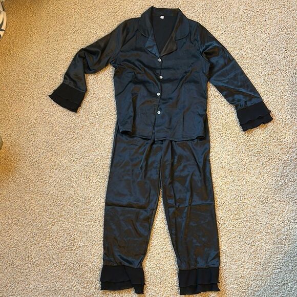 Black Satin Pajama Set with Elegant Contrast Piping - Picture 1 of 10